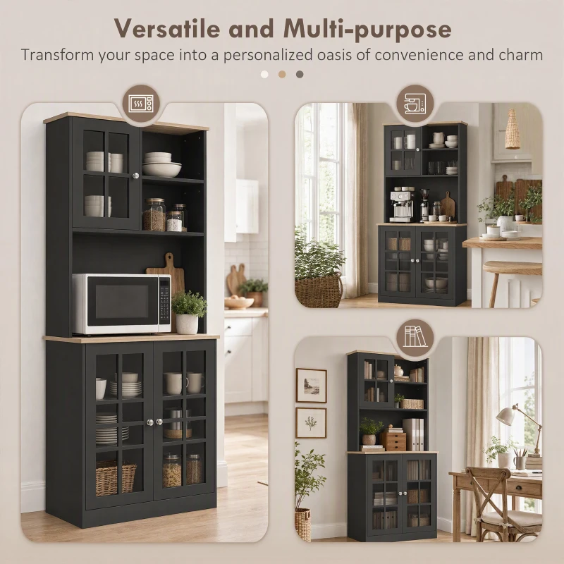 HOMCOM 72" Kitchen Pantry Storage Cabinet with Hutch, Large Countertop, Glass Doors and Adjustable Shelves, Black