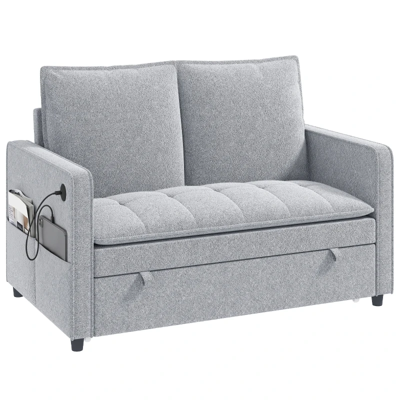 HOMCOM 51" Sofa Bed, Holland Velvet Loveseat Pull Out Sleeper Sofa with USB Ports, Adjustable Backrest, Side Pockets Grey