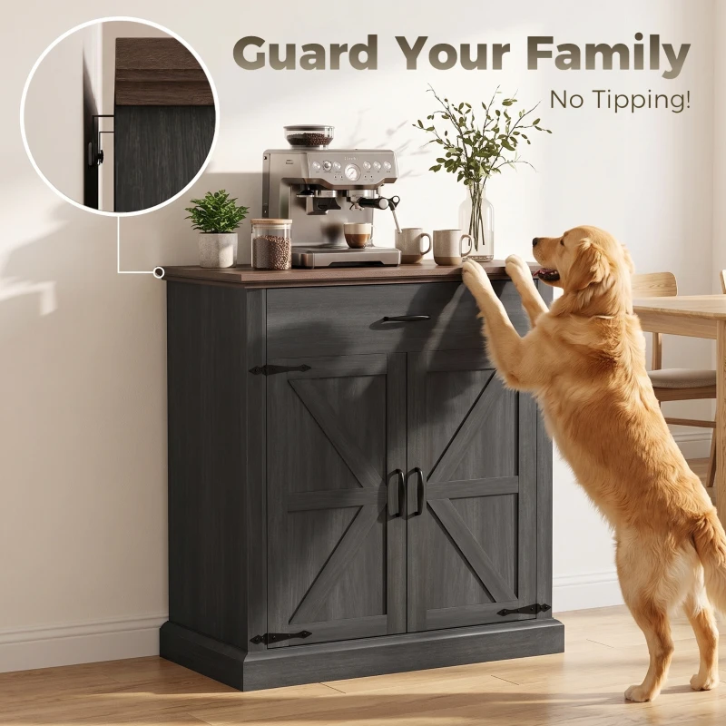 HOMCOM 30" Buffet Cabinet, Farmhouse Sideboard with 1.2" Thick Top, 2 Barn Doors, Drawer and Adjustable Shelf, Black