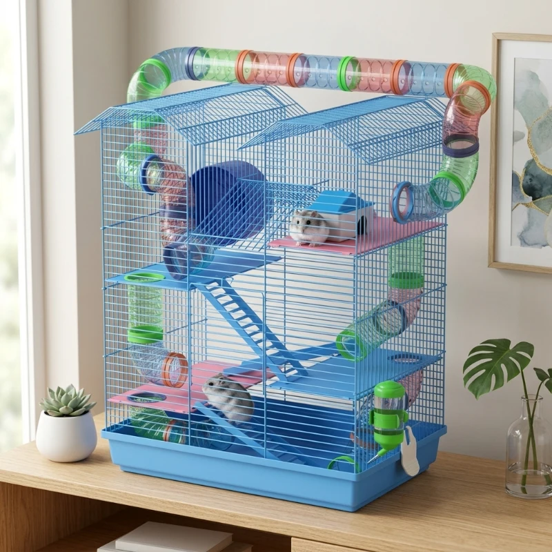 PawHut 18.5" 5 Tier Hamster Cage with Tubes and Tunnels, Small Animal Cage, Rat Gerbil Cage with Water Bottle, Food Dish, Exercise Wheel, Blue