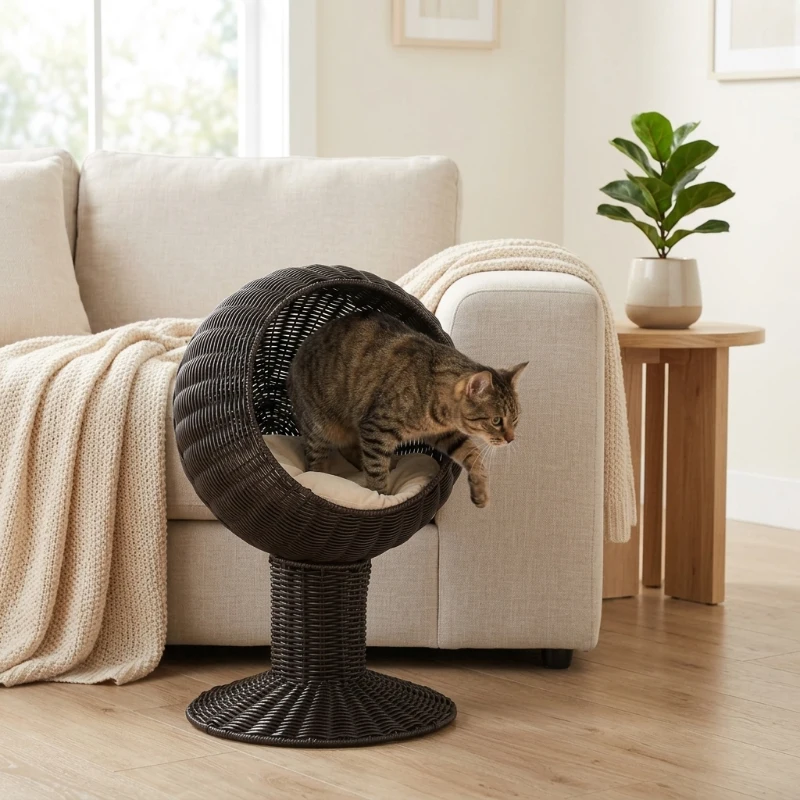 PawHut Elevated Cat Bed with Rotatable Egg Chair Pod, Cat Basket Bed with Thick Cushion, Natural Mat Grass Woven Kitty House, Coffee
