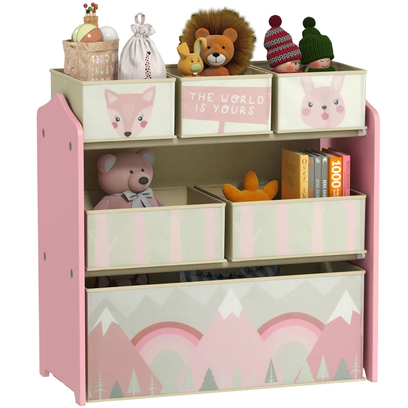 Qaba Toy Organizer with 6 Storage Bins, 25" x 12" x 26", Pink