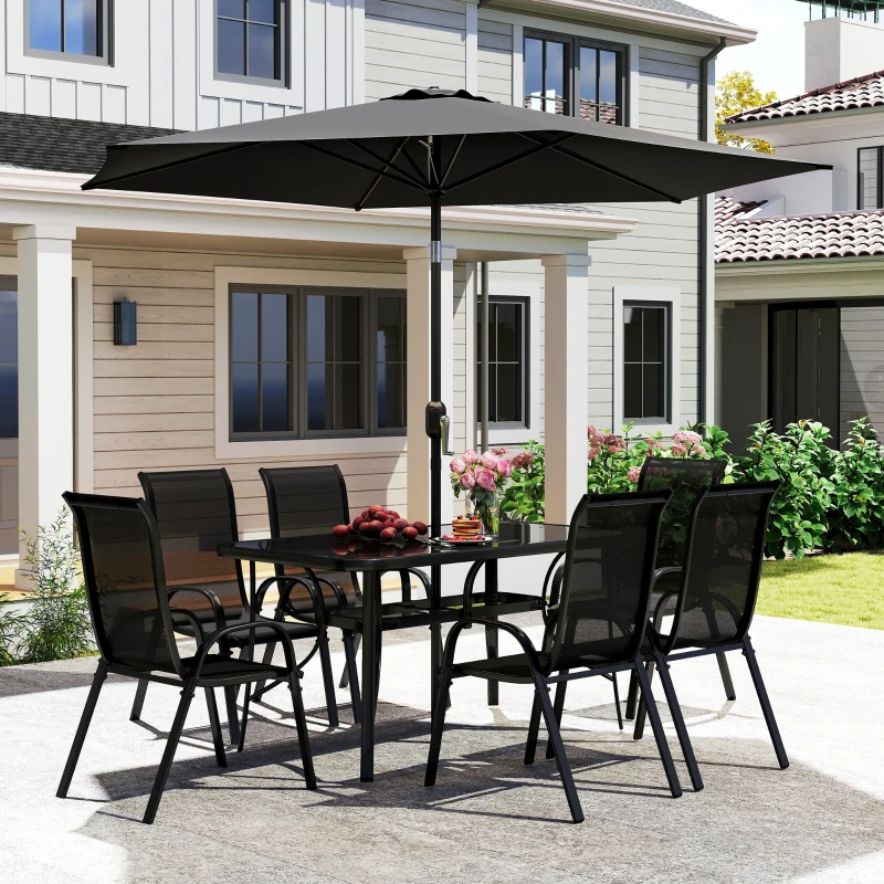 Outsunny 8 Pieces Patio Furniture Set with 9Ft Patio Umbrella, Outdoor Dining Table and Chairs, Black
