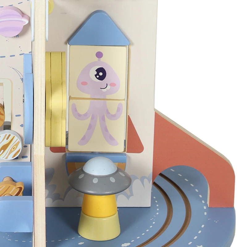 Qaba Wooden Activity Cube, Rocket Theme Educational Toys with Shape Sorter & Bead Maze for Toddlers 24M-6Y Fine Motor Skill