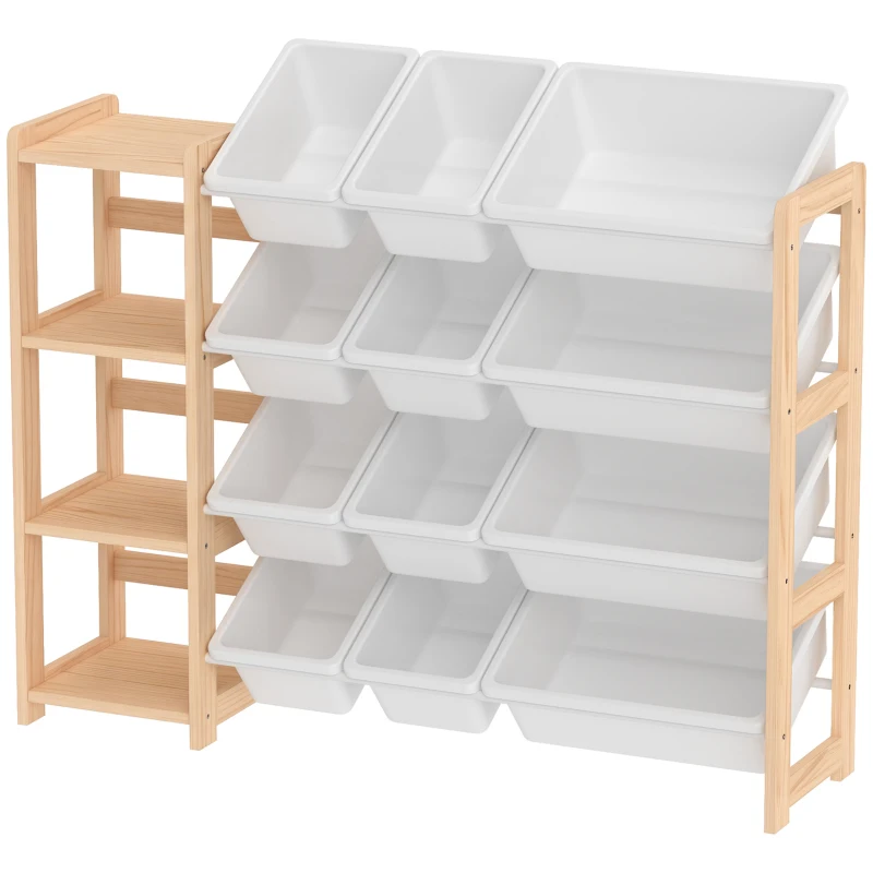 Qaba Toy Storage Organizer with 3 Shelves and 12 Bins, Montessori Kids Wooden Shelf for Playroom, Bedroom, Nursery, Natural
