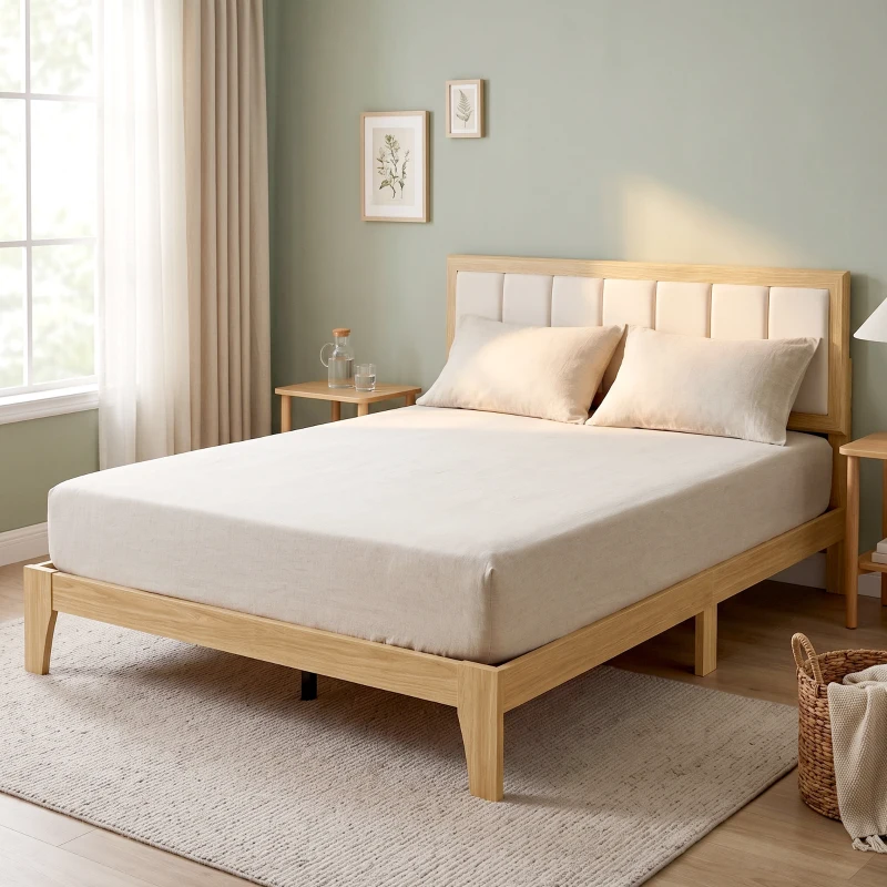 HOMCOM Full Bed Frame with Headboard Queen Size Platform Bed Frame with Wooden Slats No Box Spring Needed Easy Assembly Oak