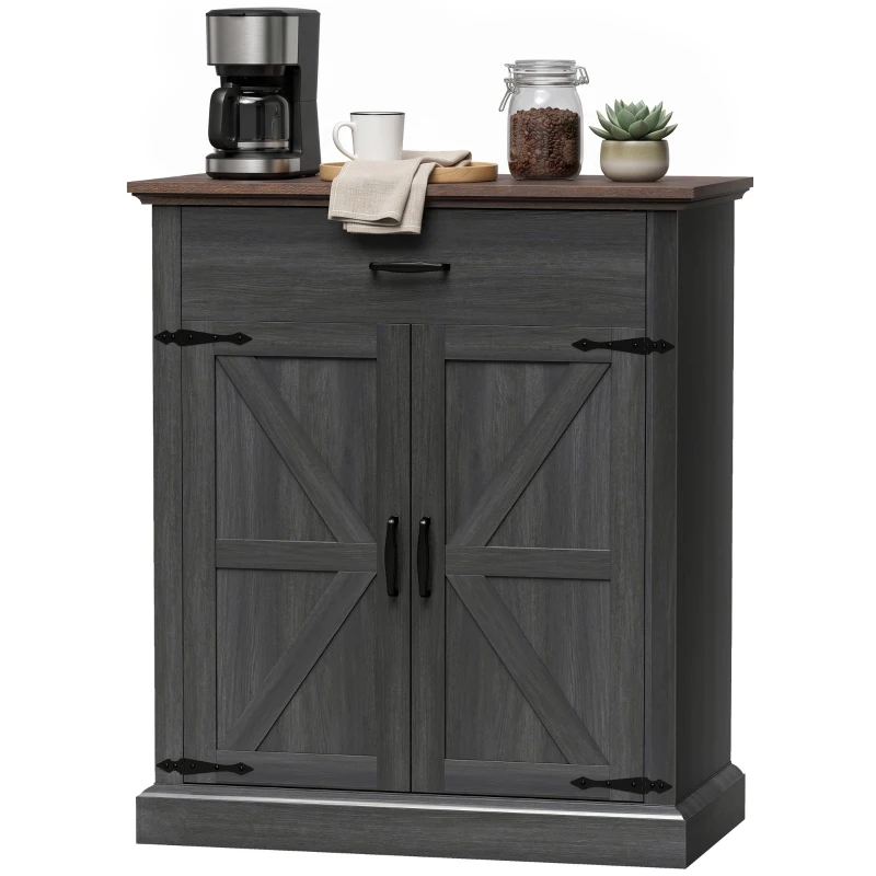 HOMCOM 30" Buffet Cabinet, Farmhouse Sideboard with 1.2" Thick Top, 2 Barn Doors, Drawer and Adjustable Shelf, Black