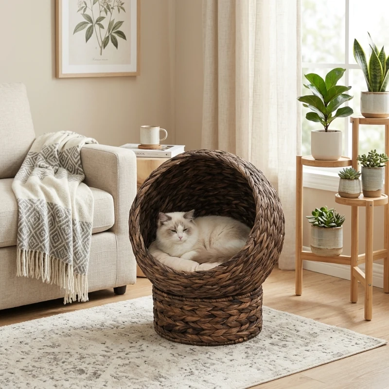 PawHut Handwoven Elevated Cat Bed with Rotating Basket and Soft Cushion, Wicker Cat Egg Chair with Stand, Brown