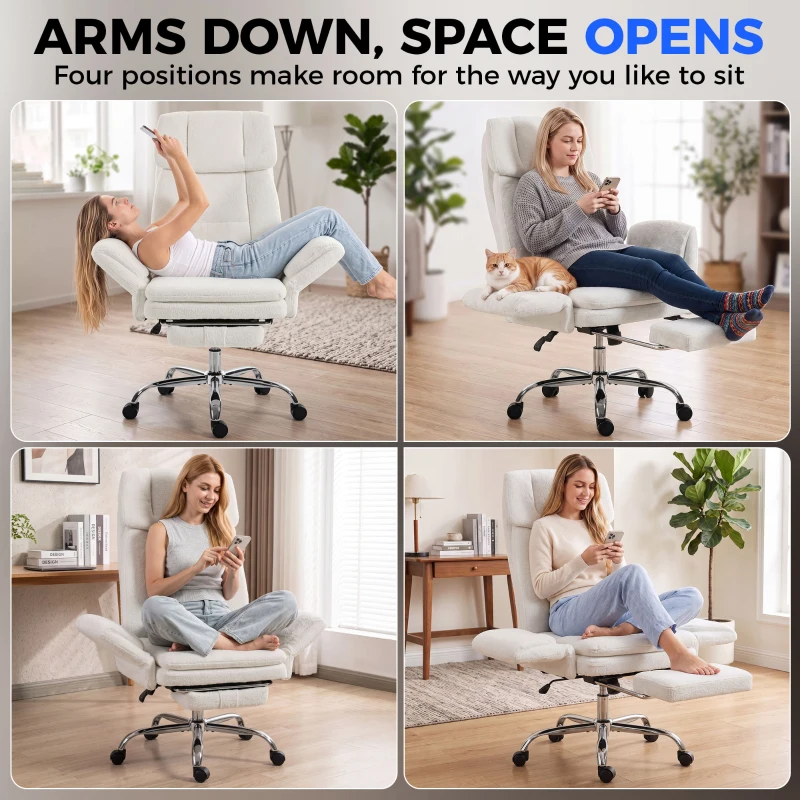 HOMCOM Big and Tall Office Chair with Flip Armrests for Cross Legged Sitting, 400 lbs Heavy Duty Computer Desk Chair, Cream