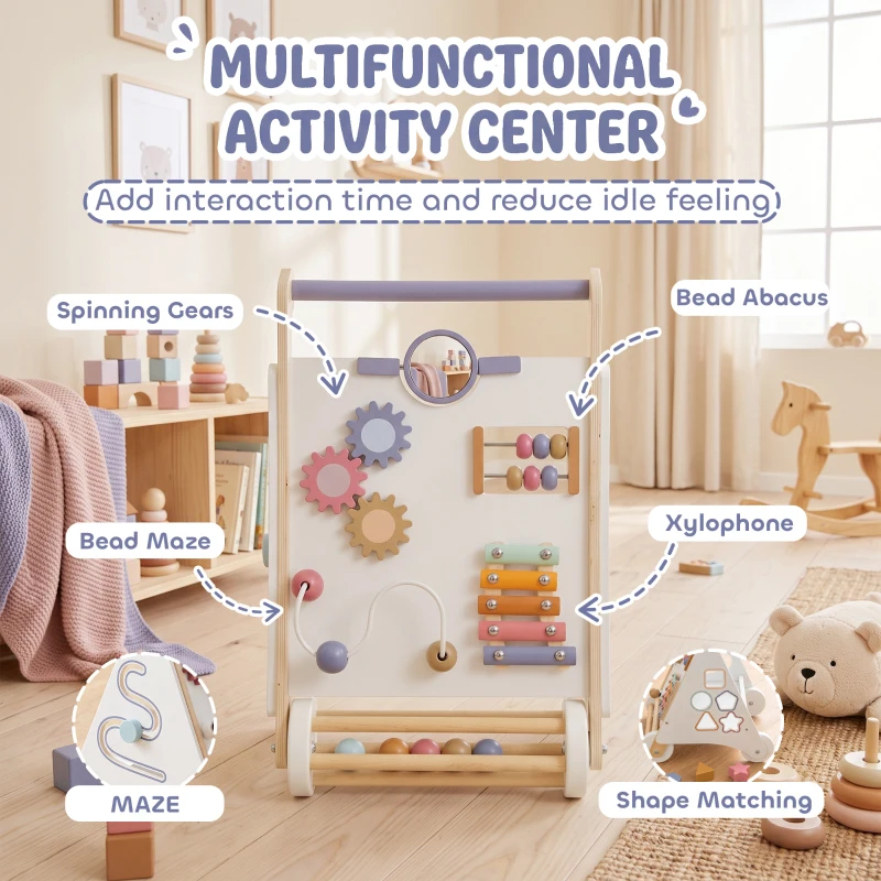 Qaba Wooden Baby Walker, Baby Push Walker w/ Adjustable Speed, Rear Storage for Learning to Walk, Gift for 1.5-3 Years, White