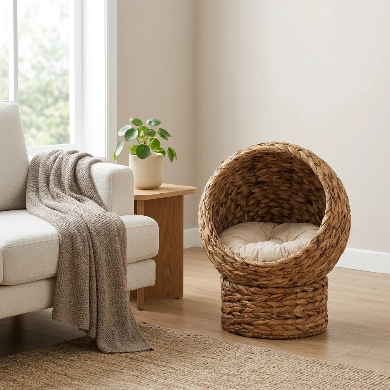 PawHut 20" Natural Braided Banana Leaf Elevated Cat Bed Basket with Cushion - Brown