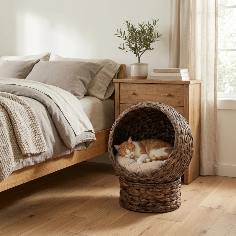PawHut Handwoven Elevated Cat Bed with Rotating Basket and Soft Cushion, Wicker Cat Egg Chair with Stand, Brown
