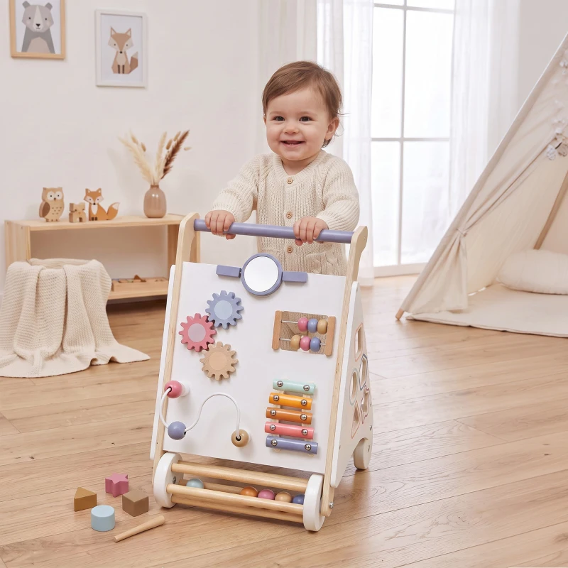 Qaba Wooden Baby Walker, Baby Push Walker w/ Adjustable Speed, Rear Storage for Learning to Walk, Gift for 1.5-3 Years, White