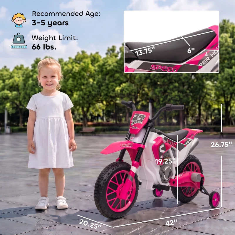 Aosom 12V Kids Motorcycle with Dual Motors, Training Wheels, Rear Suspension, Soft Start, Max Speed 5 MPH, for 3-6 Years, Pink