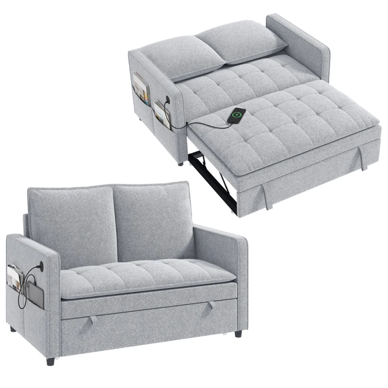 HOMCOM 51" Sofa Bed, Holland Velvet Loveseat Pull Out Sleeper Sofa with USB Ports, Adjustable Backrest, Side Pockets Grey