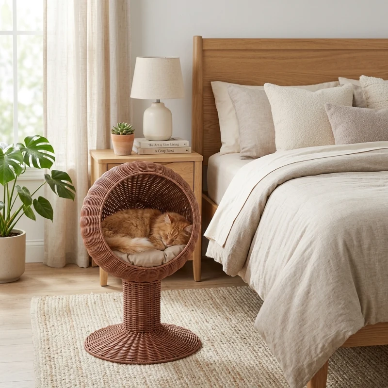 PawHut Elevated Cat Bed with Rotatable Egg Chair Pod, Cat Basket Bed with Thick Cushion, Natural Mat Grass Woven Kitty House, Brown