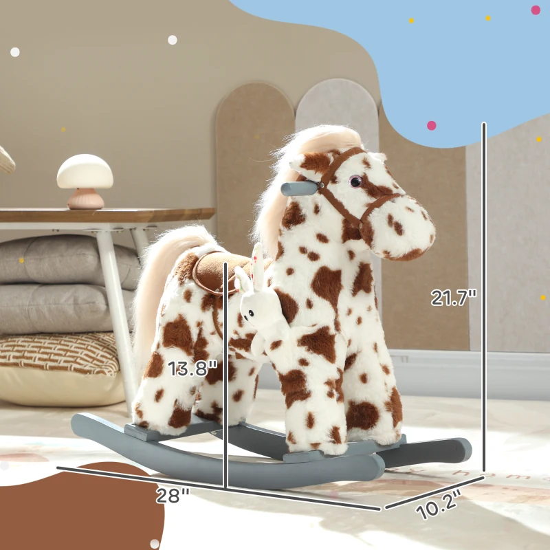 Qaba Rocking Horse, Animal Rocker with Rabbit Toy and Realistic Neigh for Toddlers, Soft Filling Ride on Pony, Brown
