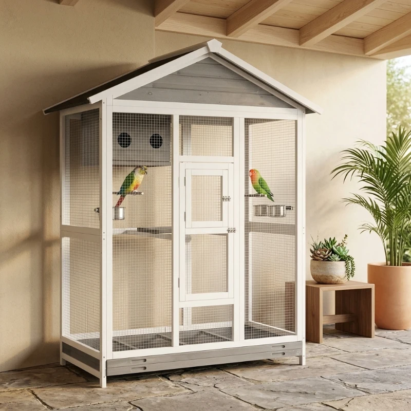 PawHut 64.5" Wooden Bird Cage Aviary, Flight Cage with 4 Perches, Nest and Slide-Out Tray for Indoor/Outdoor, Gray