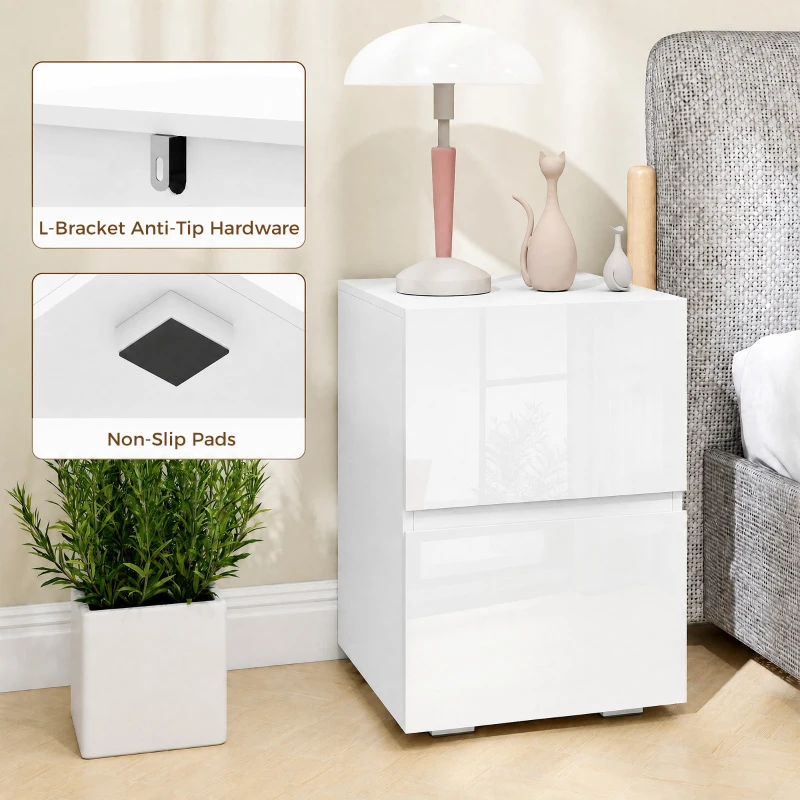 HOMCOM Modern Nightstand Set of 2, Narrow Bedside Table with 2 Drawers and High Gloss Drawer Fronts for Bedroom, White