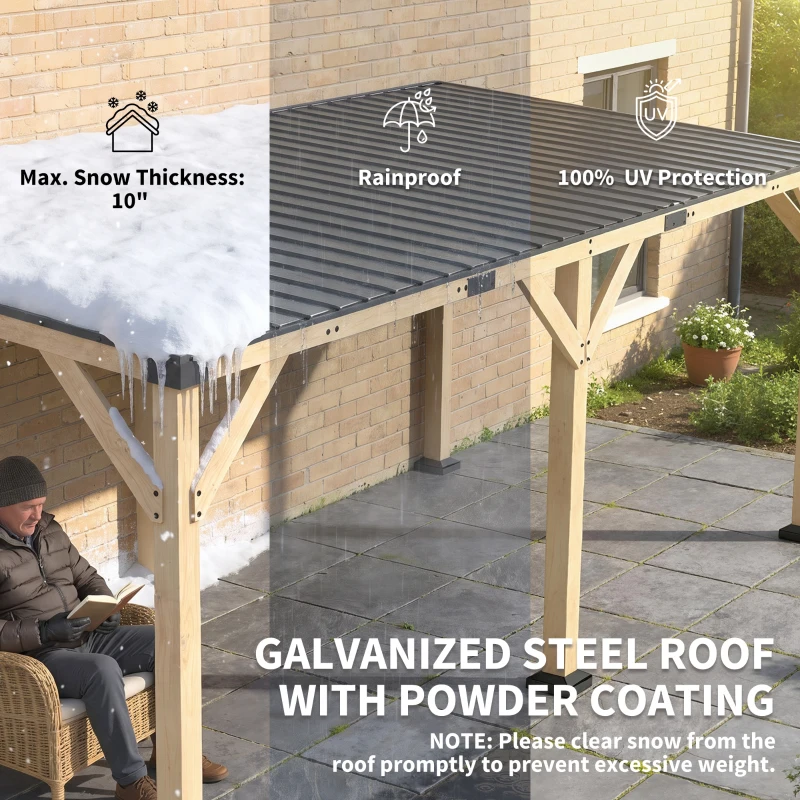 Outsunny 10' x 20' Wooden Gazebo, Hardtop Lean-to Gazebo Pergola with Galvanized Steel Sloped Roof, Light Walnut