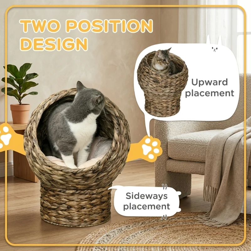 PawHut Handwoven Elevated Cat Bed with Soft Cushion & Egg Chair Shape, Basket Bed Kitty House with Stand, Raised Wicker House for Indoor Cats, 20" H, Gray