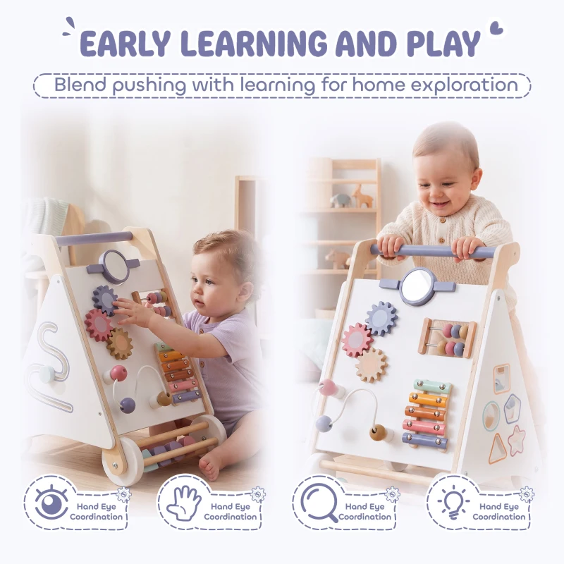 Qaba Wooden Baby Walker, Baby Push Walker w/ Adjustable Speed, Rear Storage for Learning to Walk, Gift for 1.5-3 Years, White