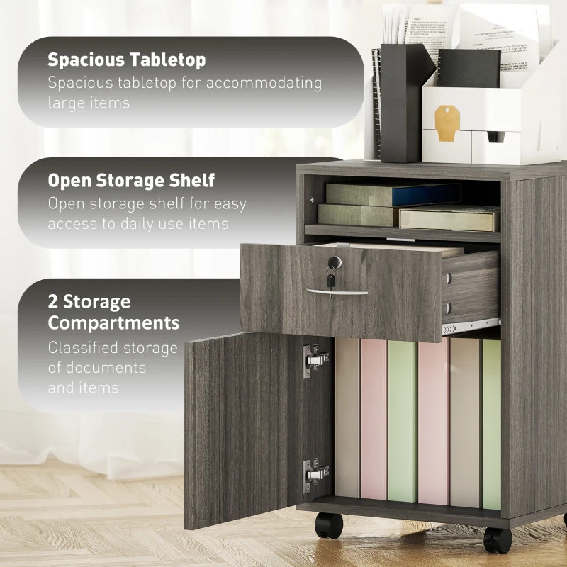 HOMCOM 24" Filing Cabinet with Open Compartment, Lockable Drawer and Wheels, Home Office Storage Cabinet, Distressed Grey