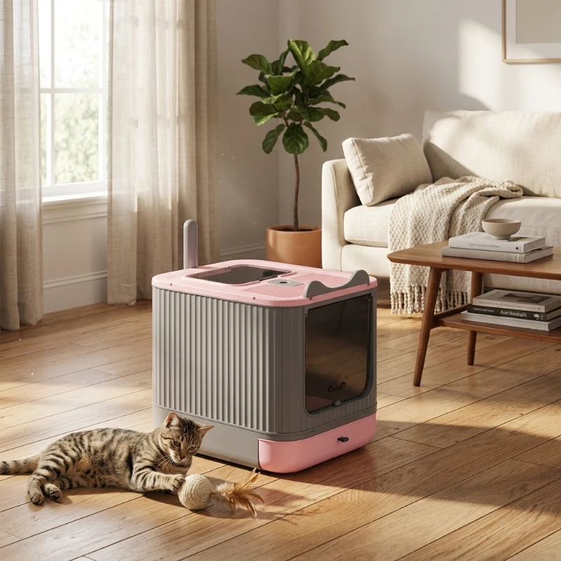 PawHut Cat Litter Box with Lid, Enclosed Litter Box for Medium Cats, Front-Entry and Top-Exit, Scoop, Deodorizer Bag, Pink