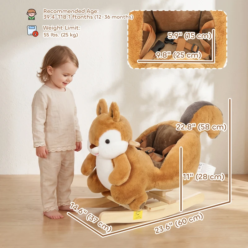 Qaba Rocking Horse for Toddlers 1-3 Years, Squirrel Baby Rocking Horse with Animal Sound, Safety Belt, Brown
