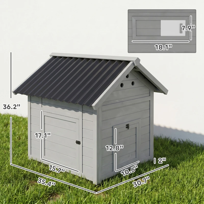 PawHut Duck Coop, Wooden Duck House with Openable Roof & Double Doors, Light Gray