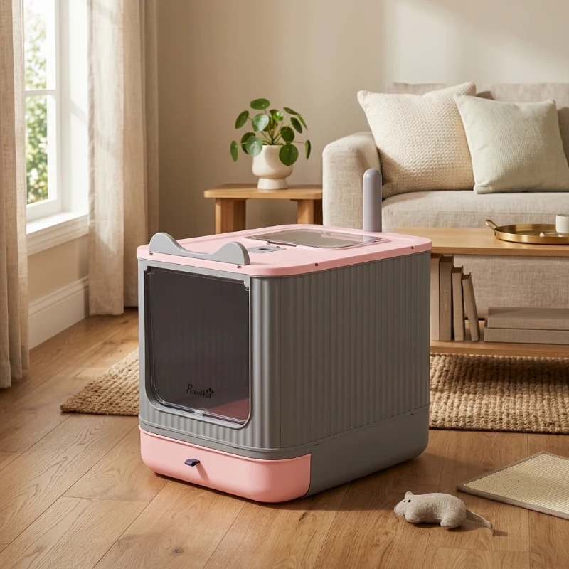 PawHut Cat Litter Box with Lid, Enclosed Litter Box for Medium Cats, Front-Entry and Top-Exit, Scoop, Deodorizer Bag, Pink
