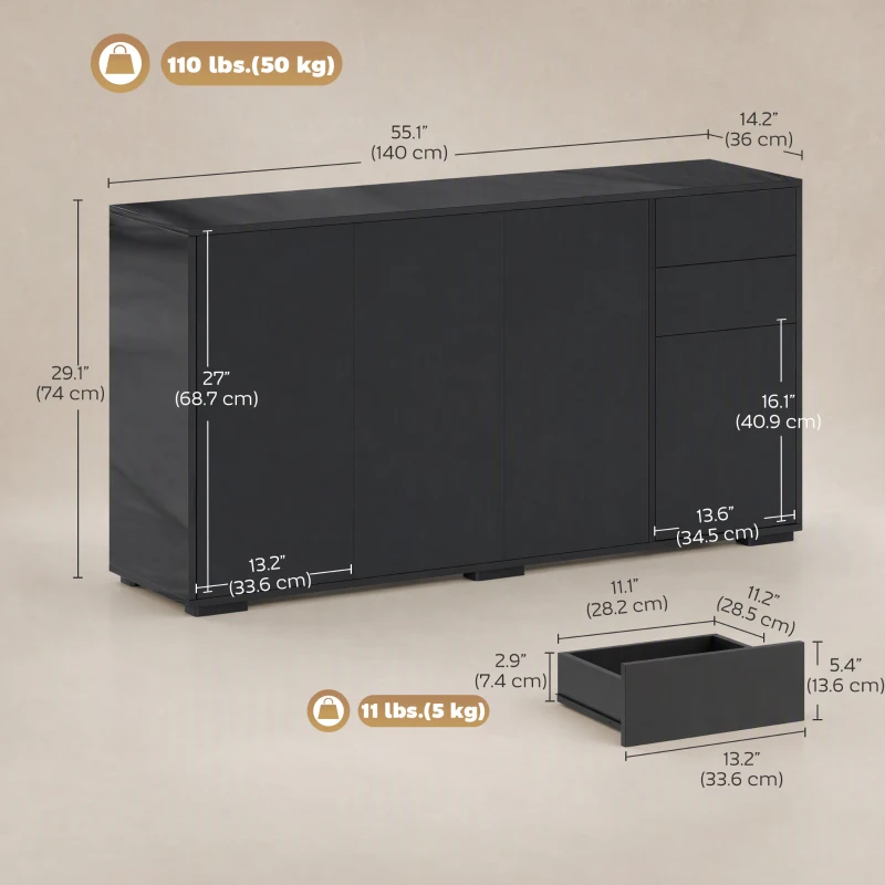 HOMCOM Kitchen Sideboard Storage Cabinet, Modern Coffee Bar Cabinet with Push-Open Design and 2 Drawers for Living Room, Black
