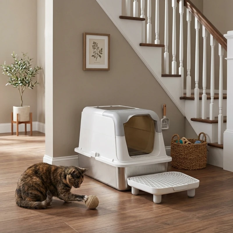PawHut Extra Large Stainless Steel Litter Box, Enclosed Cat Litter Box with Scoop, Deodorizer Bag, Sand Drop Pedal