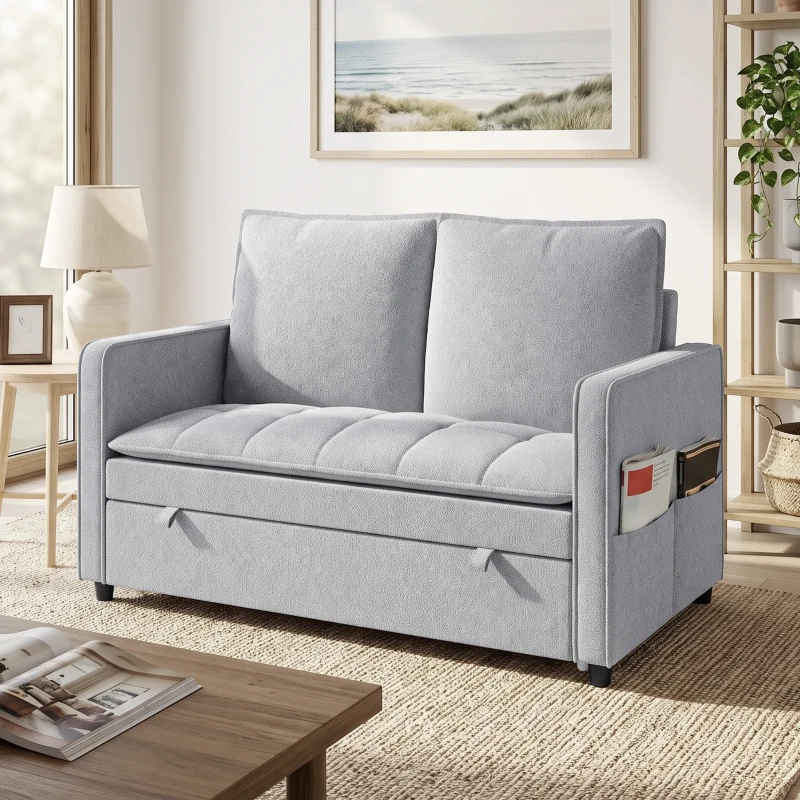 HOMCOM 51" Sofa Bed, Holland Velvet Loveseat Pull Out Sleeper Sofa with USB Ports, Adjustable Backrest, Side Pockets Grey