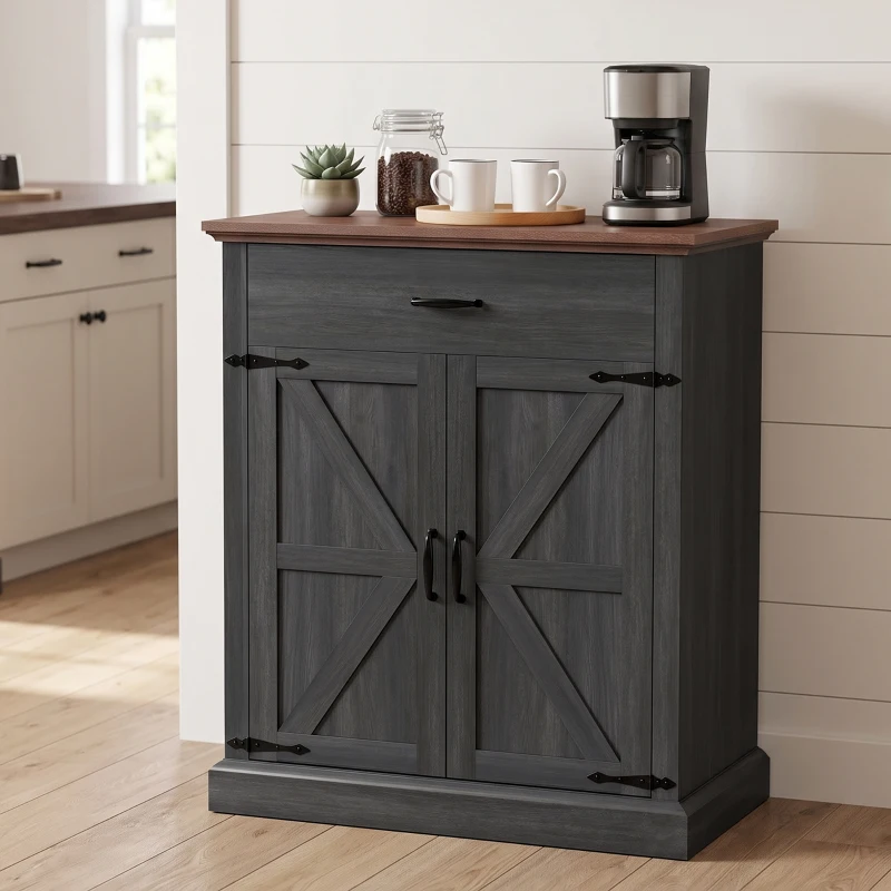 HOMCOM 30" Buffet Cabinet, Farmhouse Sideboard with 1.2" Thick Top, 2 Barn Doors, Drawer and Adjustable Shelf, Black