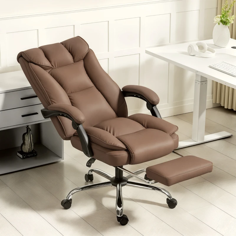 HOMCOM Executive Office Chair, Pet-Friendly Leather Ergonomic Desk Chair with Footrest, Swivel Recliner, Brown