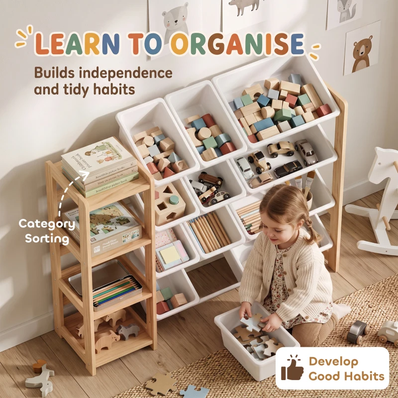 Qaba Toy Storage Organizer with 3 Shelves and 12 Bins, Montessori Kids Wooden Shelf for Playroom, Bedroom, Nursery, Natural