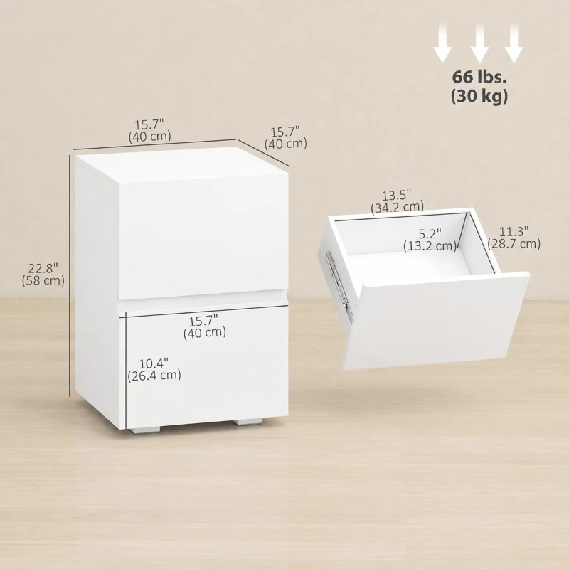 HOMCOM Modern Nightstand Set of 2, Narrow Bedside Table with 2 Drawers and High Gloss Drawer Fronts for Bedroom, White