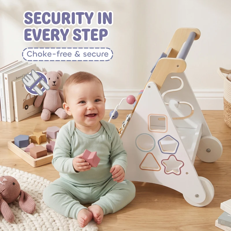 Qaba Wooden Baby Walker, Baby Push Walker w/ Adjustable Speed, Rear Storage for Learning to Walk, Gift for 1.5-3 Years, White