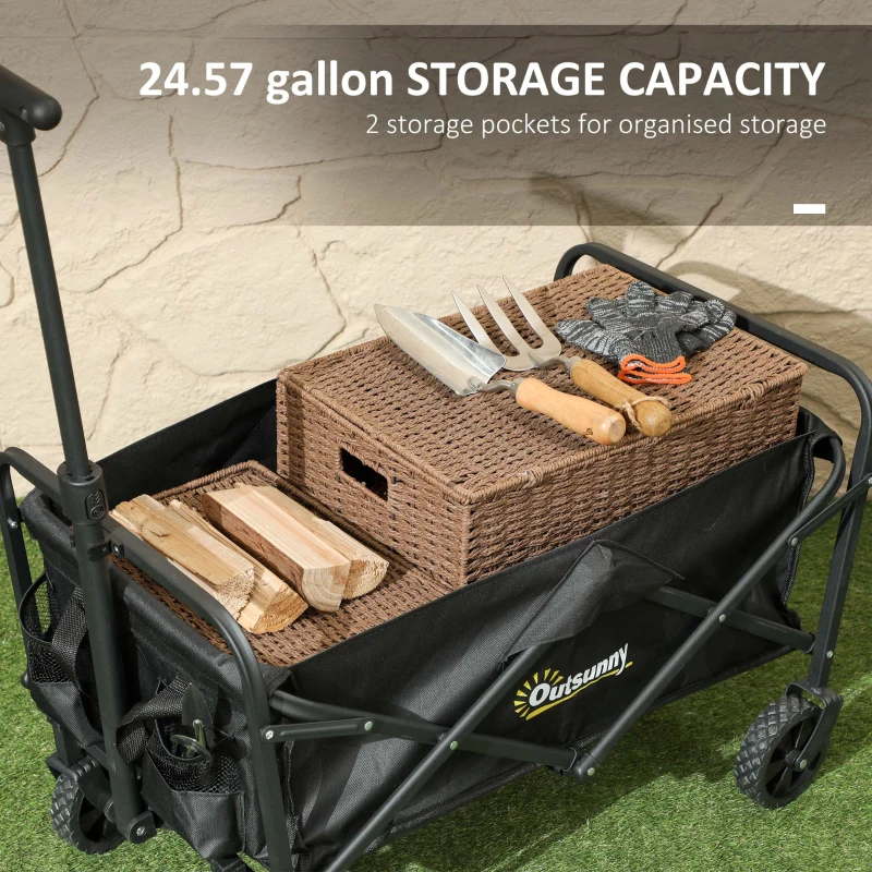 Outsunny Collapsible Folding Garden Cart, Heavy Duty Lawn Wagon with Universal Wheels and Adjustable Handle, Black
