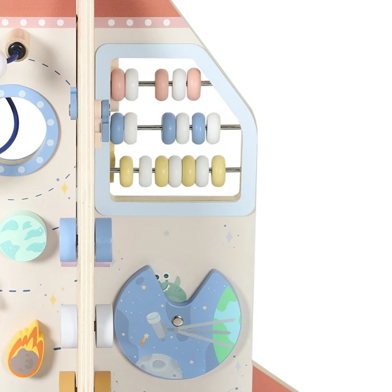 Qaba Wooden Activity Cube, Rocket Theme Educational Toys with Shape Sorter & Bead Maze for Toddlers 24M-6Y Fine Motor Skill