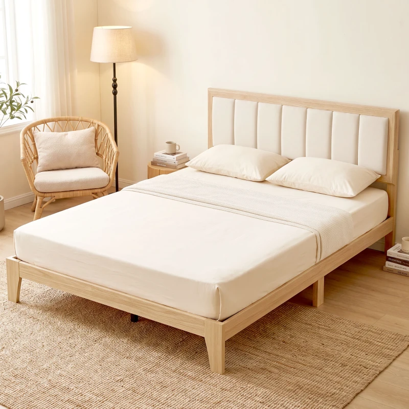 HOMCOM Full Bed Frame with Headboard Queen Size Platform Bed Frame with Wooden Slats No Box Spring Needed Easy Assembly Oak