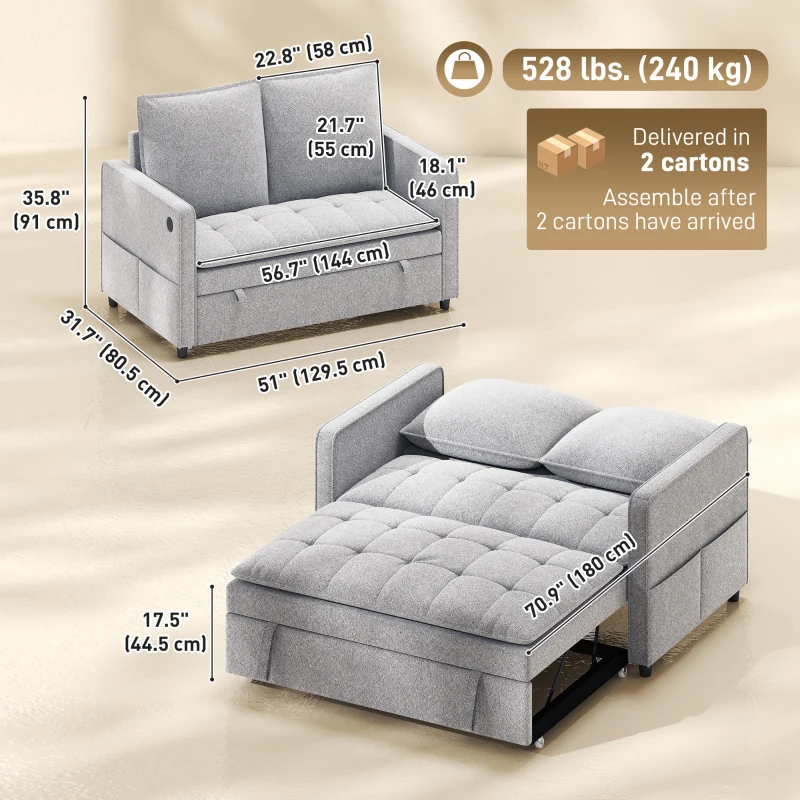 HOMCOM 51" Sofa Bed, Holland Velvet Loveseat Pull Out Sleeper Sofa with USB Ports, Adjustable Backrest, Side Pockets Grey