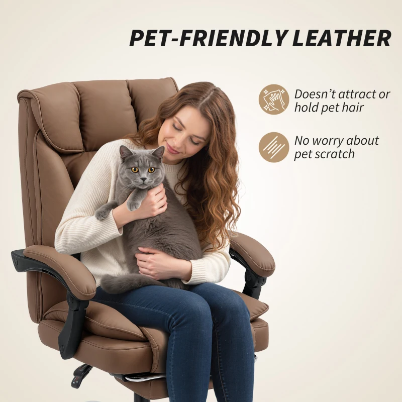 HOMCOM Executive Office Chair, Pet-Friendly Leather Ergonomic Desk Chair with Footrest, Swivel Recliner, Brown