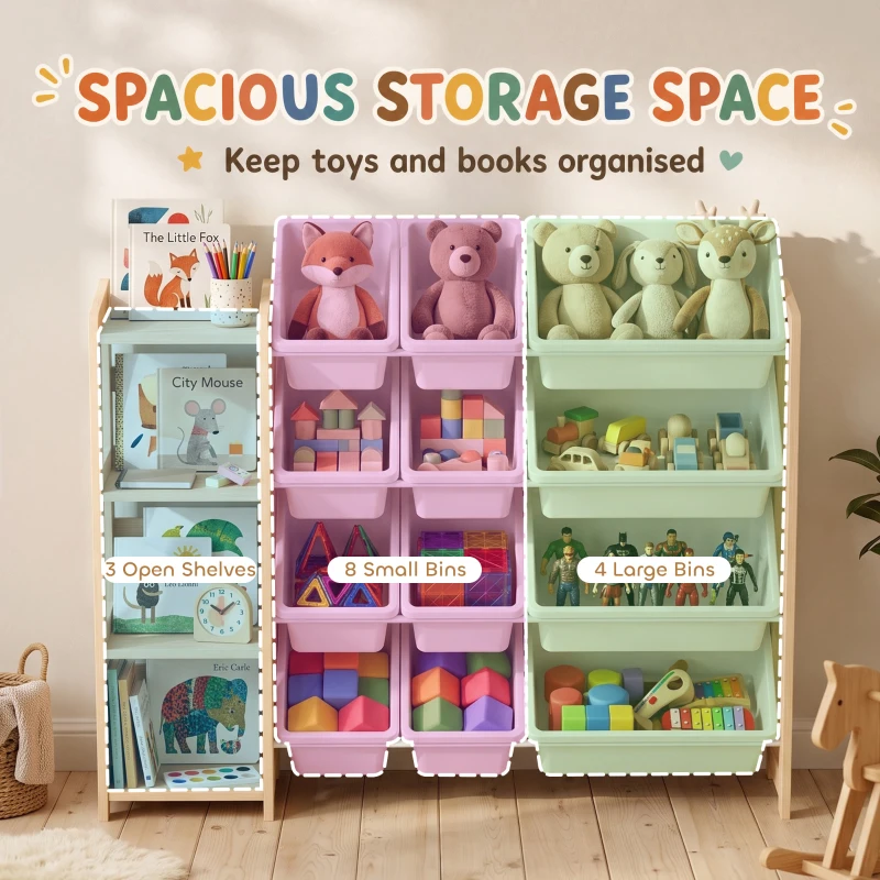 Qaba Toy Storage Organizer with 3 Shelves and 12 Bins, Montessori Kids Wooden Shelf for Playroom, Bedroom, Nursery, Natural