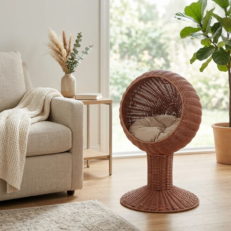 PawHut Elevated Cat Bed with Rotatable Egg Chair Pod, Cat Basket Bed with Thick Cushion, Natural Mat Grass Woven Kitty House, Brown