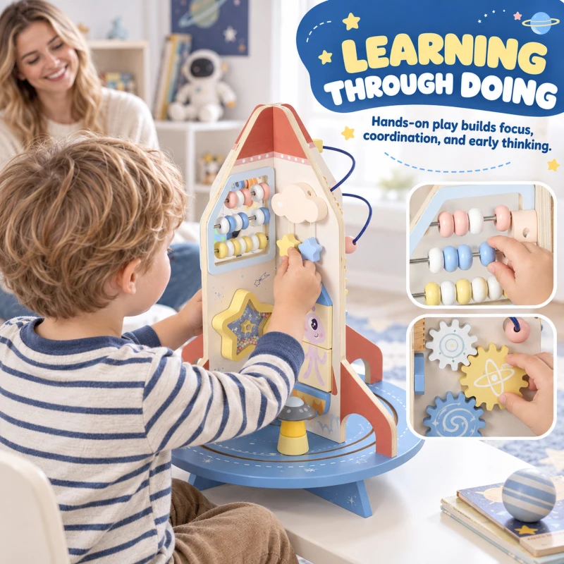 Qaba Wooden Activity Cube, Rocket Theme Educational Toys with Shape Sorter & Bead Maze for Toddlers 24M-6Y Fine Motor Skill