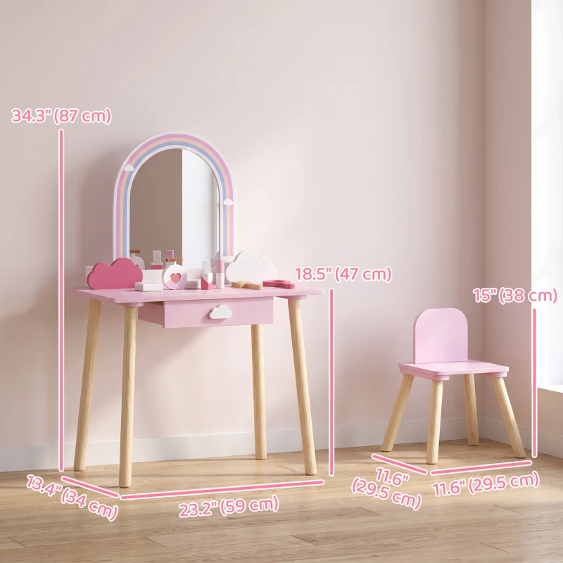 Qaba Kids Vanity Set, Makeup Vanity Table with Mirror, Stool, Drawer, 7-Piece Accessories, Cloud-Design for Girls 3-6 Y, Pink