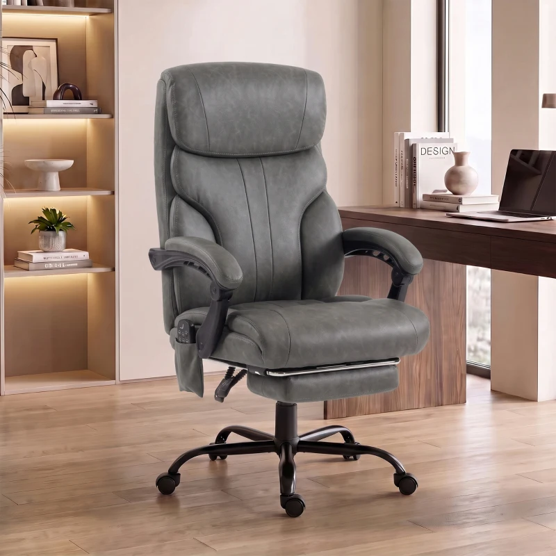 HOMCOM Massage Office Chair Vibration Computer Chair Heated Reclining PU Leather Footrest Height Adjustable Gray