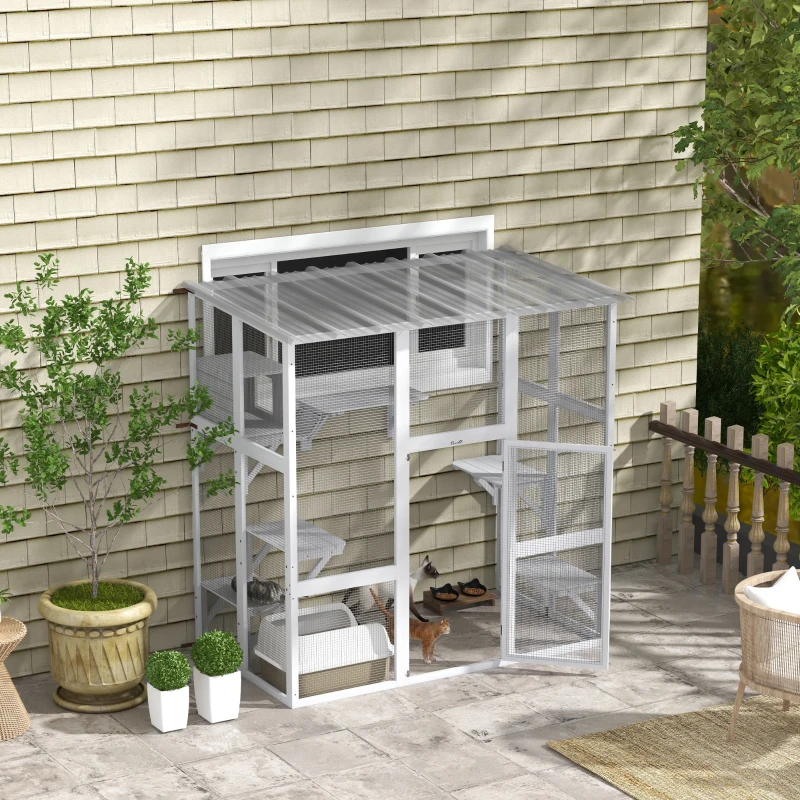 PawHut Large Outdoor Catio, Cat Window Box with Weatherproof Roof, Bridge, Resting Box, Platforms, for 2 Kittens, White